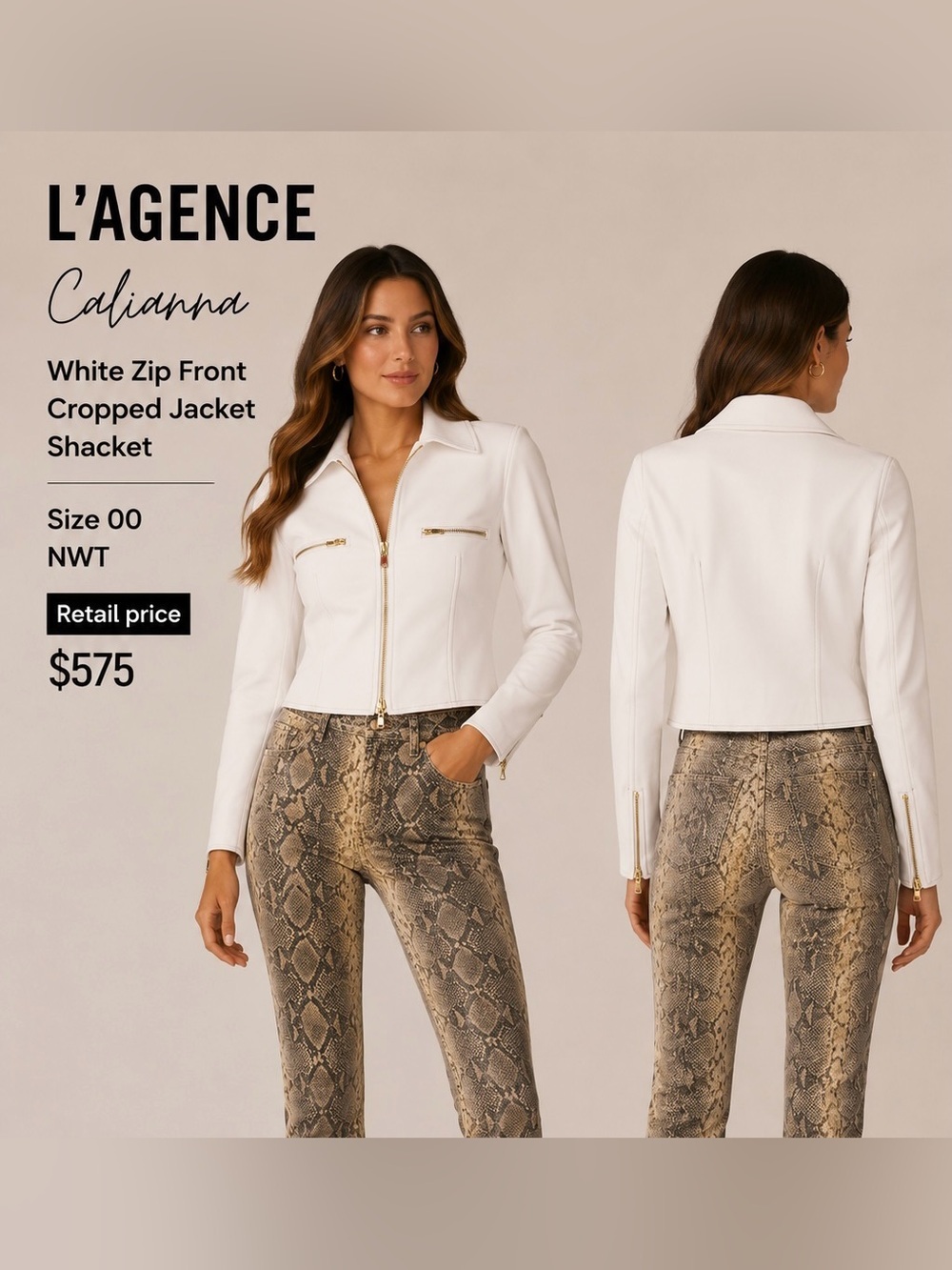 L'AGENCE Calianna
White Zip Front Cropped Jacket Shacket Size 00 (XXS) NWT